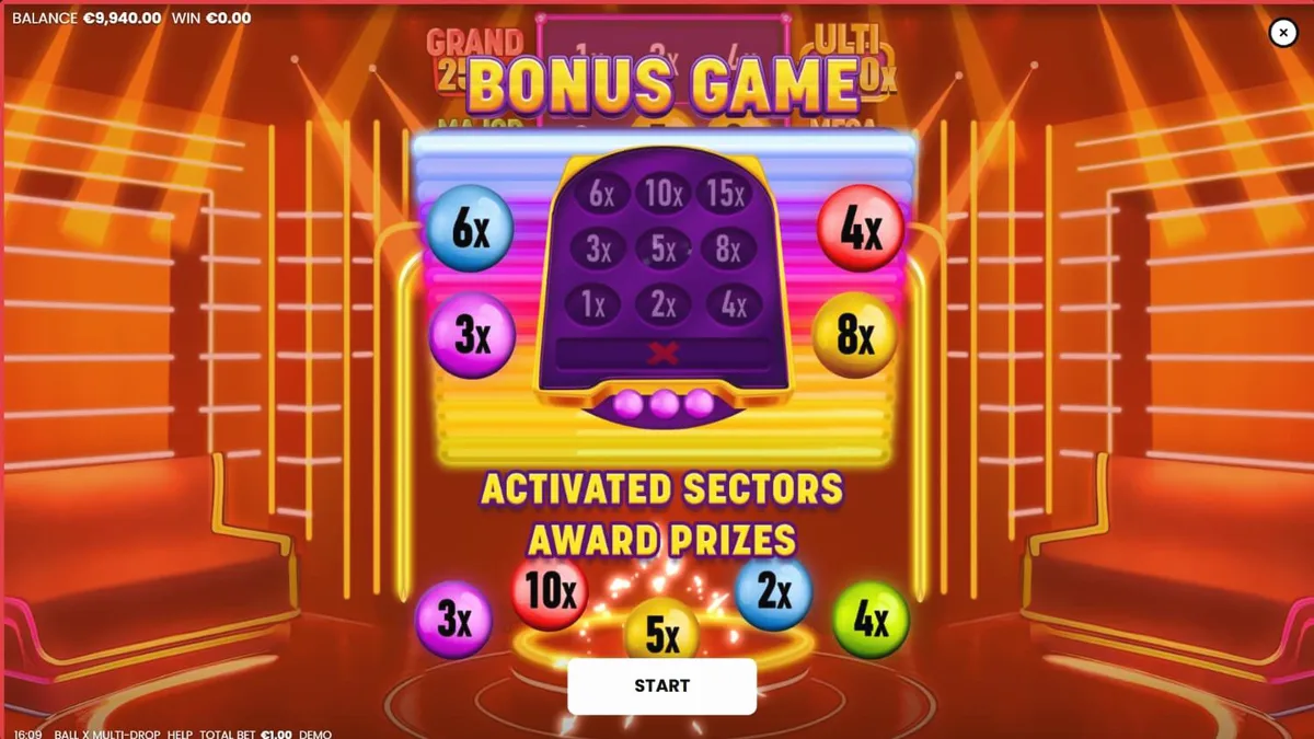 Ball X Multi-Drop neon fruit slot machine interface