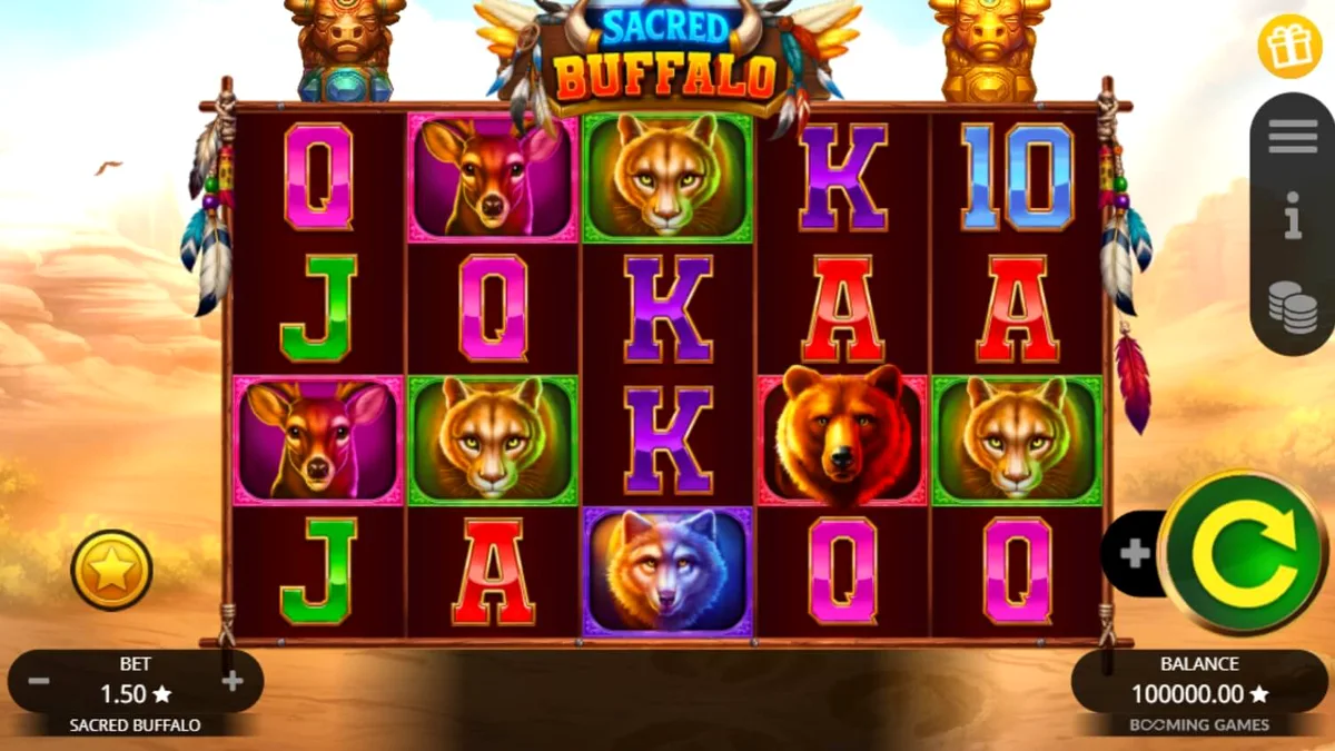 Sacred Buffalo slot machine gameplay interface showing wild symbols and desert plains background