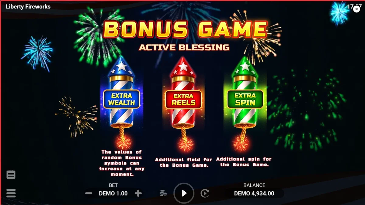 Liberty Fireworks 3 Pots slot game interface na may makukulay na paputok at patriotic symbols