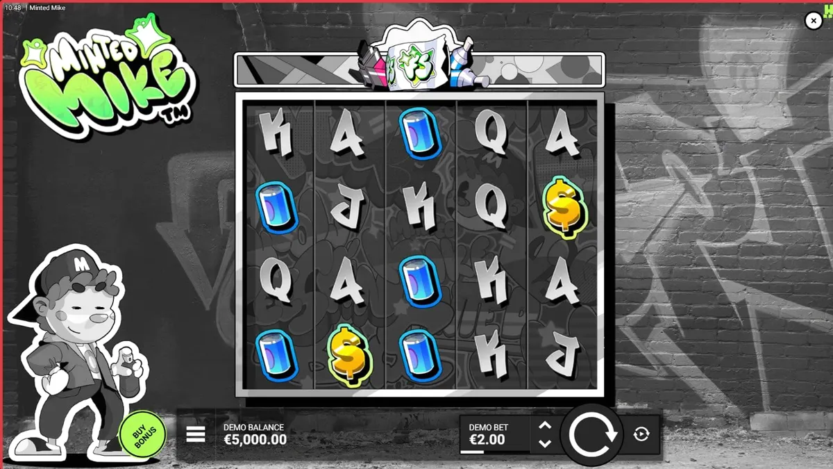 Isang makulay na graffiti themed slot machine na may neon lights at urban street art elements.